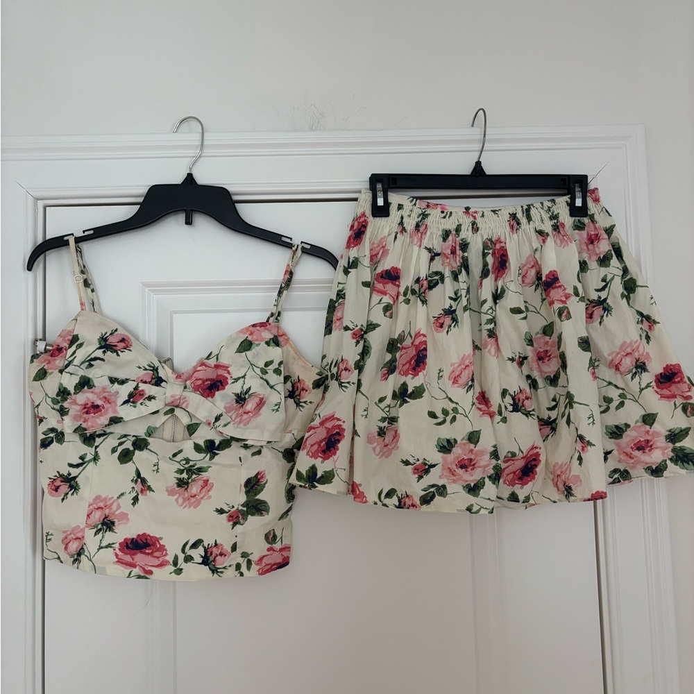 Aqua Cream Floral Crop Top & Skirt Set with Pink Roses - Picture 3 of 9